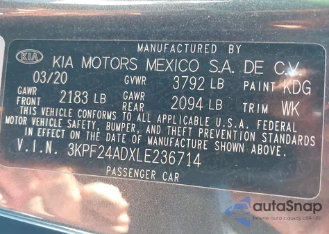 2020 Kia Forte Lxs z USA, uszkodzony, nr VIN 3KPF24ADXLE236714